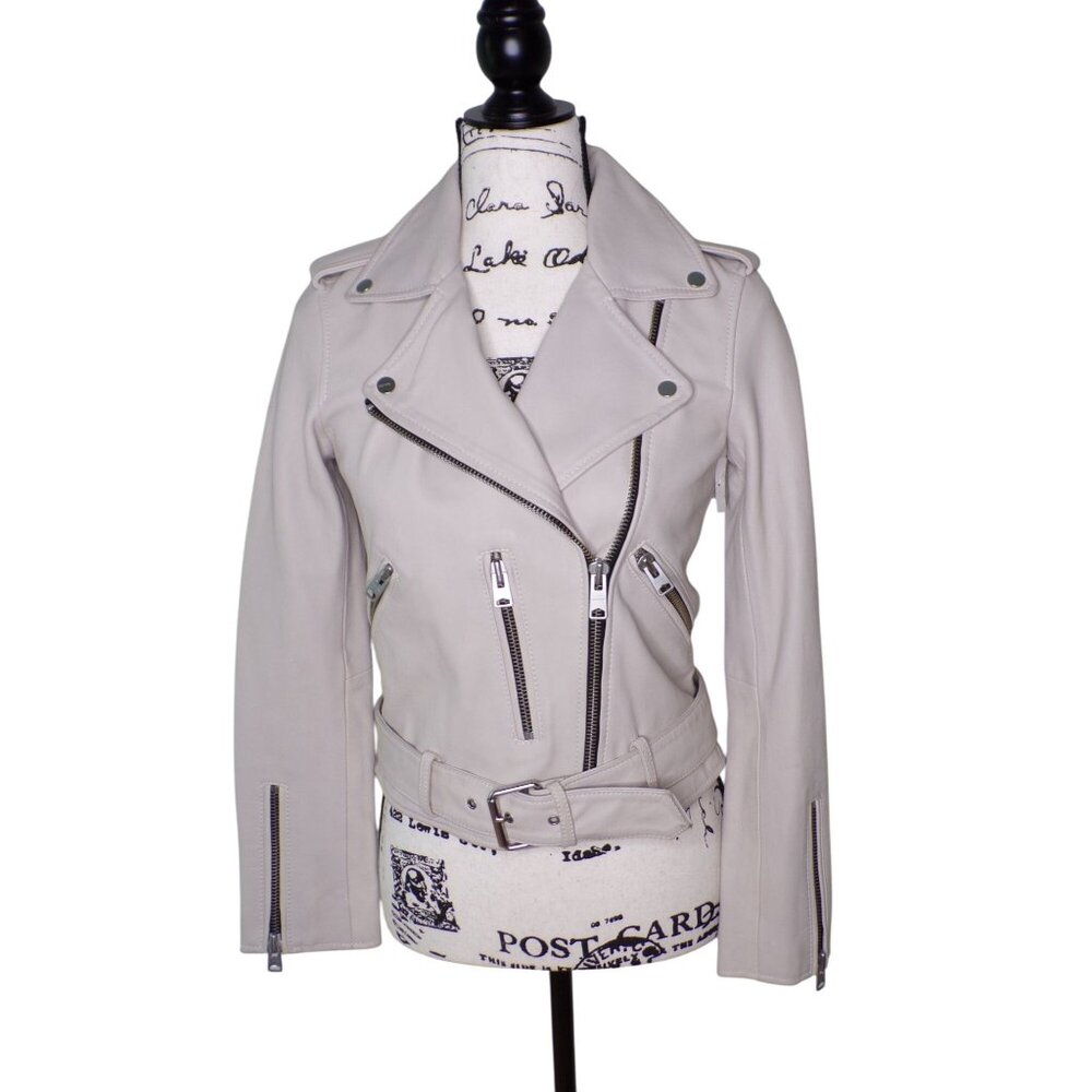 🆕 ALL SAINTS Balfern Soft Leather Zip Biker Jacket Light Gray 2 - Picture 8 of 15